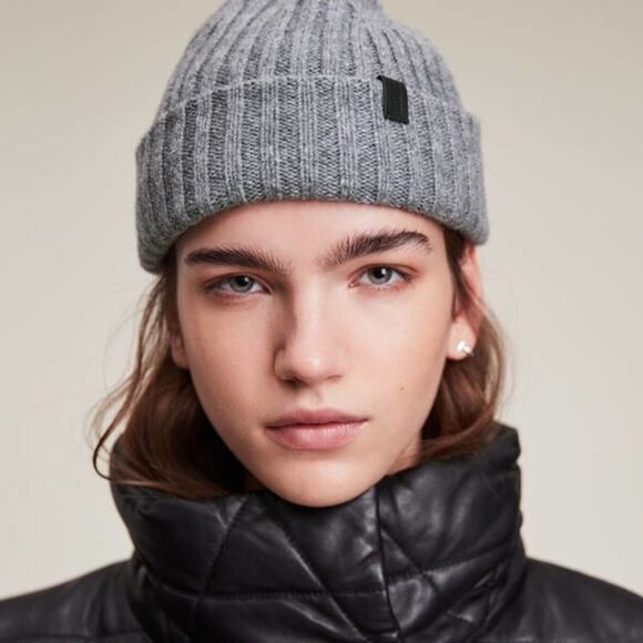 All Saints Gray Wool Ribbed Knit Beanie Hat New - Picture 1 of 5